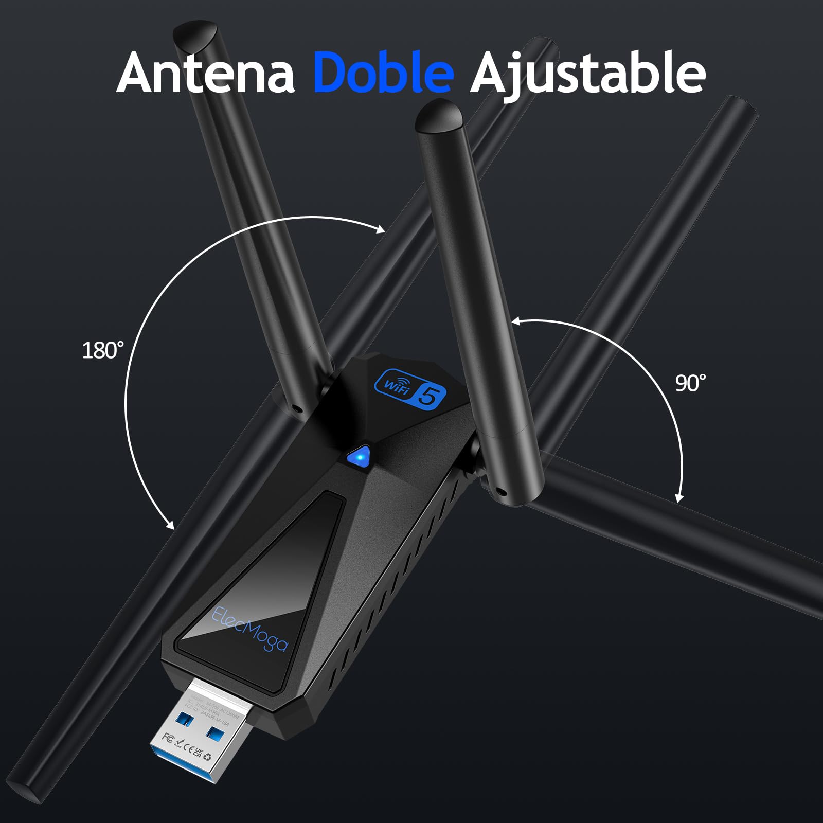 ElecMoga Adaptador WiFi USB 1300Mbps, 5dBi Antena WiFi, Receptor WiFi Dual Band 5GHz/2.4GHz, Compatible con Windows 7/8/10/11/Vista/XP/Mac/Linux, Compatible con Ordenadores Portatiles/Laptop/Tablet