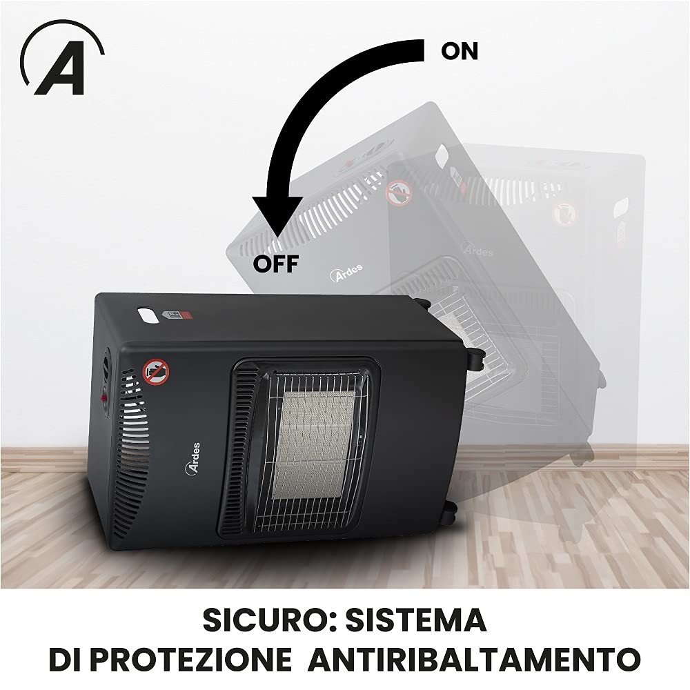 ARDES - AR382 BOXER Stufa a Gas con Bombola GPL a Infrarossi 3 Potenze - Stufa con Vano Porta Bombola, Dispositivo di Sicurezza, Controllo Fiamma e Livello Ossigeno + Kit Montaggio