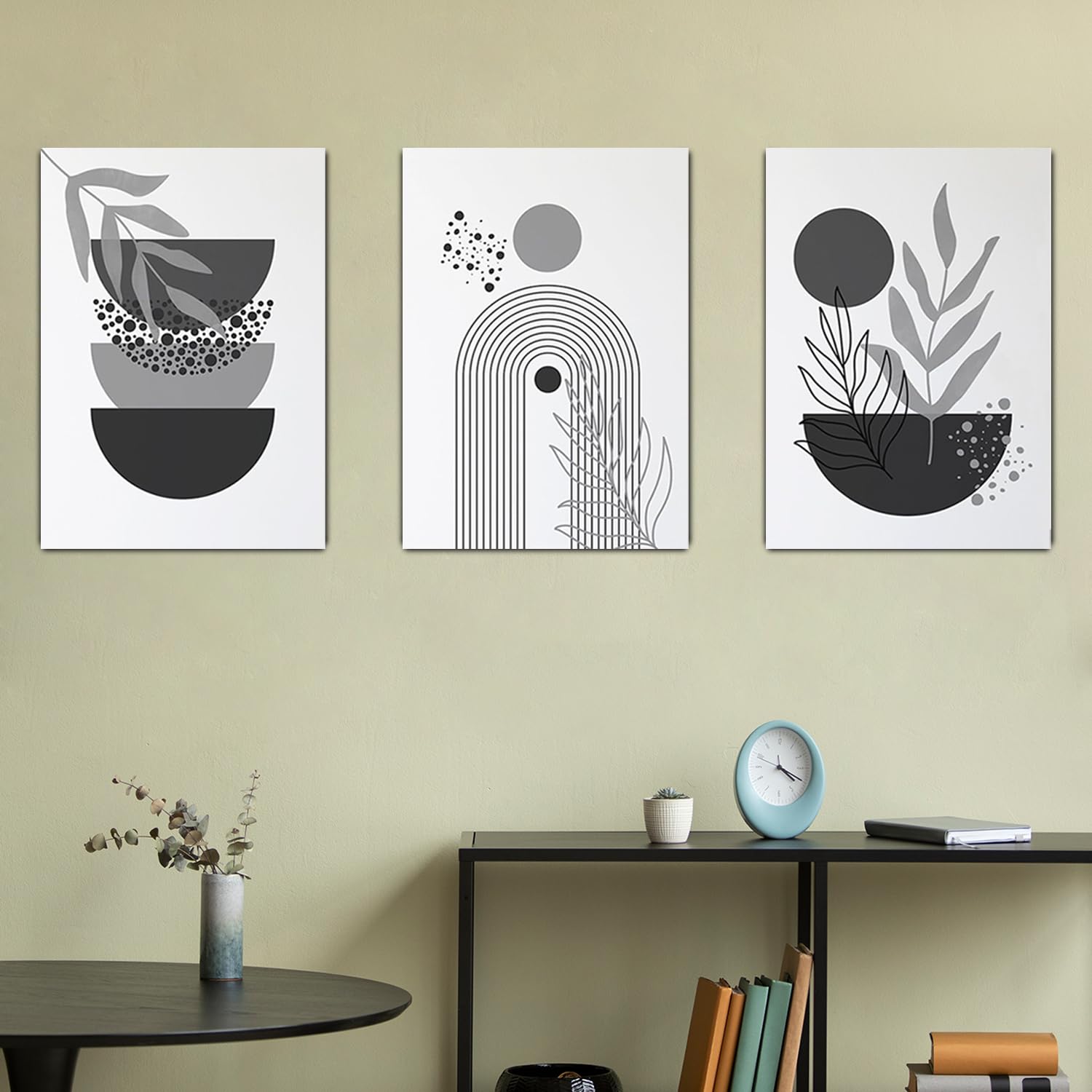 Set Di 3 Stampe Su Tela Boho - Quadri Geometrici Botanici Con Linee, Design Minimalista - Verde Salvia, 30x40 Cm - 6