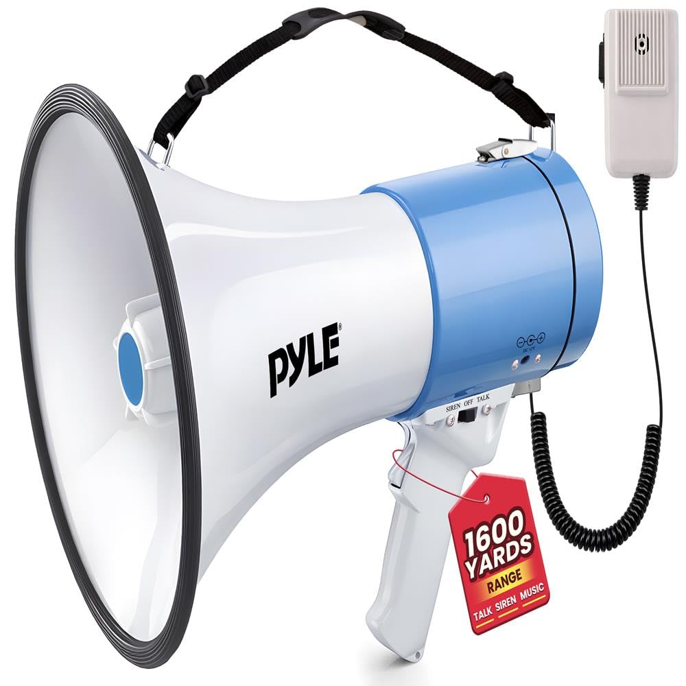 Pyle Altavoz megáfono de 50 W con micrófono, megáfono de megáfono Fuerte con Sirena y Volumen Ajustable, Mega teléfono Hailer Fuerte, Uso en Interiores y Exteriores, Recargable, policía