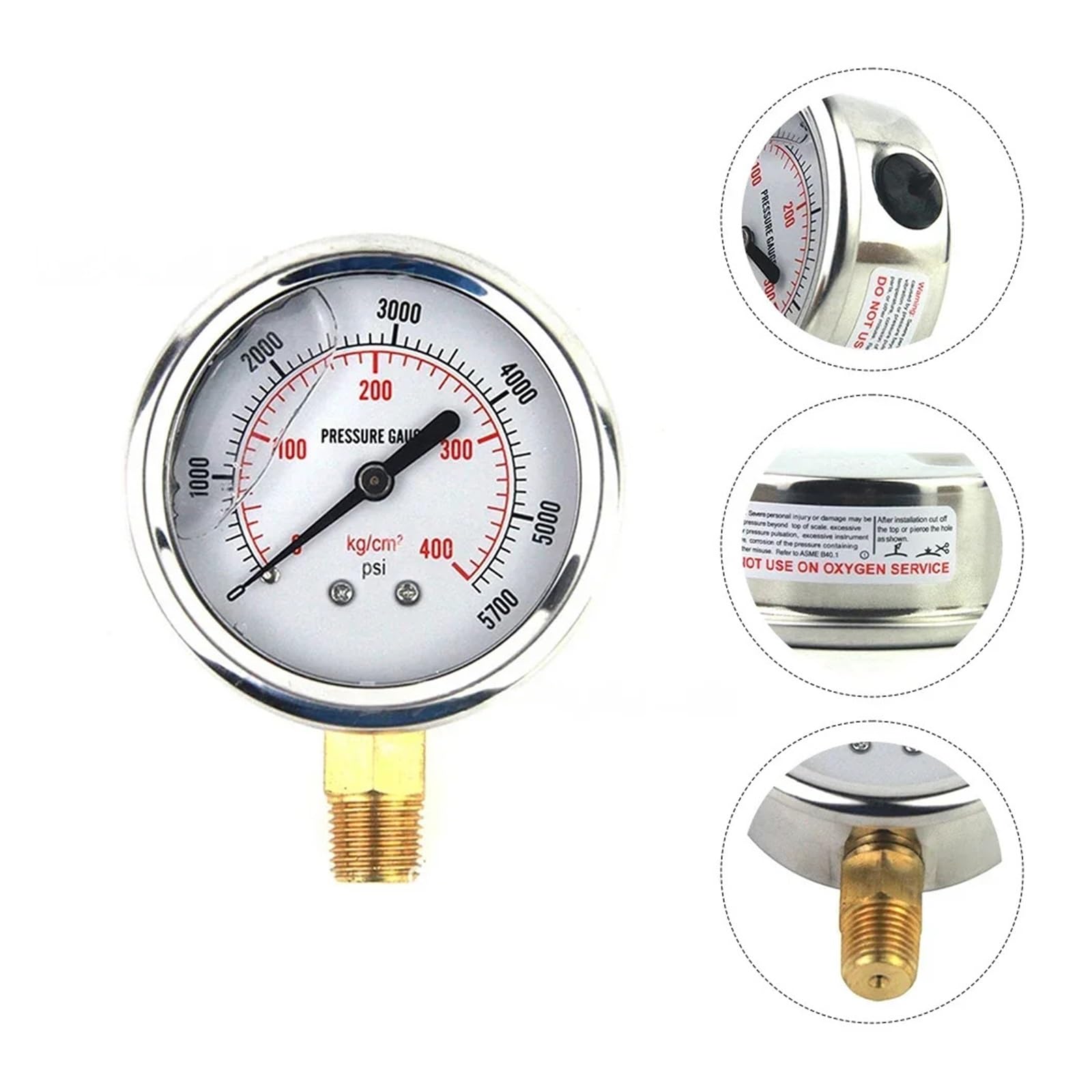 Manómetro de presión， Manómetro hidráulico de Acero Inoxidable de 5000 PSI, Color Plateado, 70 x 70 x 30 mm, con Conector NPT de 1/4 de Pulgada.