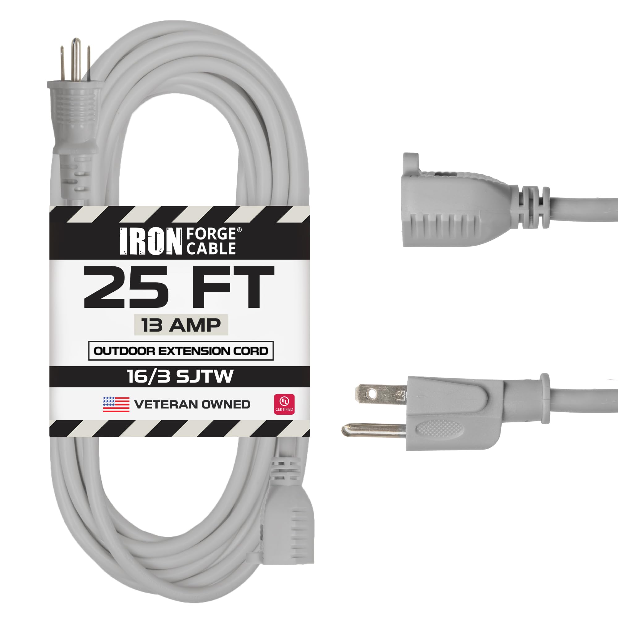Iron Forge Cable Gray Outdoor Extension Cord 25 ft, 16/3 SJTW 25 Foot Grey 3 Prong Extension Cord Outdoor & Indoor, Weatherproof 13 Amp Heavy Duty Power Cable