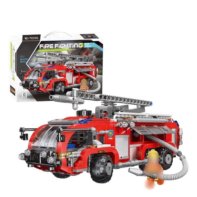 Tirff Technic Fire Engine Building Blocks Kit, Airport Fire Truck Set With minifigures, Technic Water Jet Fire Engine Model Building Kit - 767 Pieces