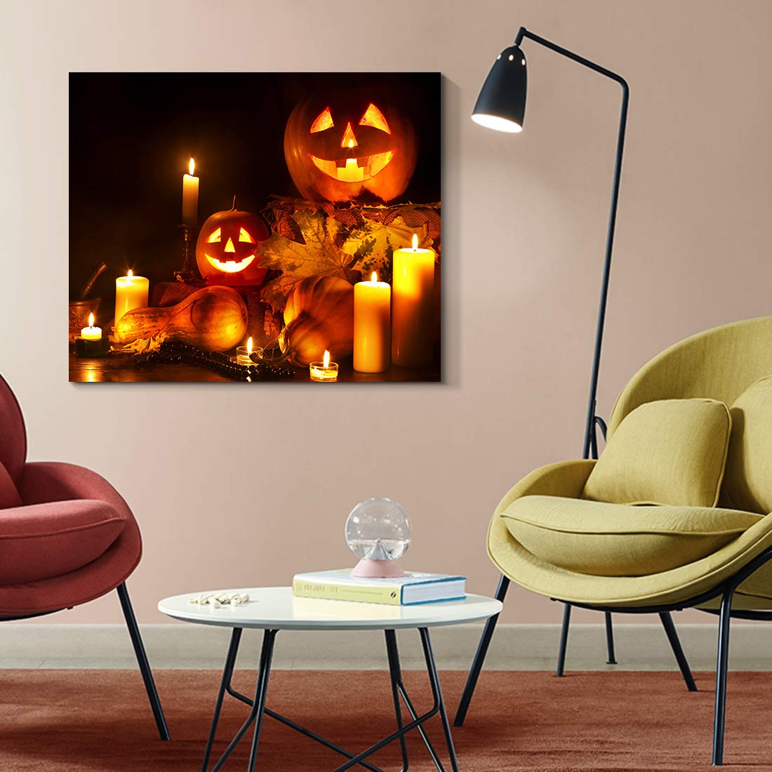 Denozer - Canvas Wall Art Halloween Pumpkin Lantern Painting Artwork for Home Wall Decor,Stretched and Framed Ready to Hang - 24x20 inches