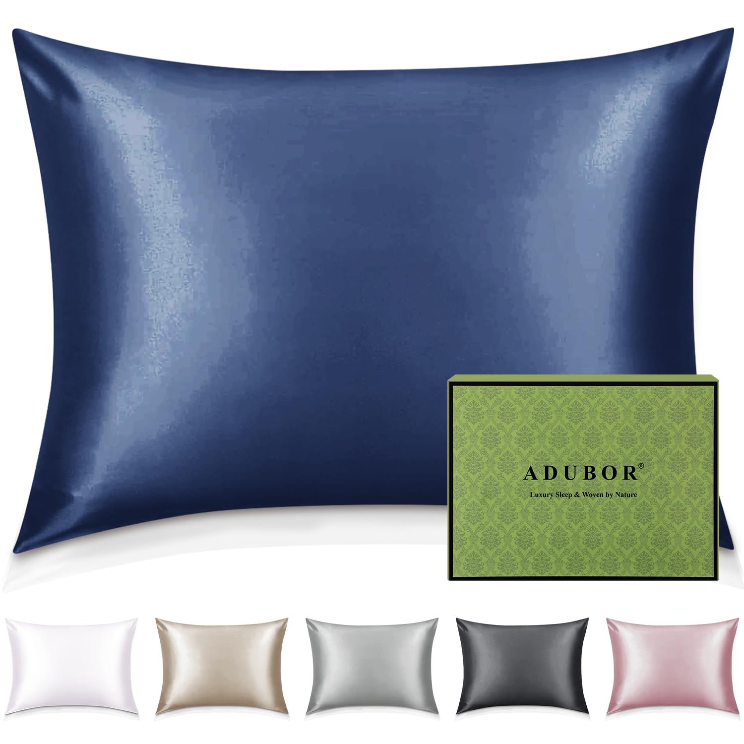 Adubor Navy Blue 100% Mulberry Silk Pillowcase For Hair And Skin With Hidden Zipper, Both Side 22 Momme Silk,900 Thread Count (50X66cm, 1Pc)