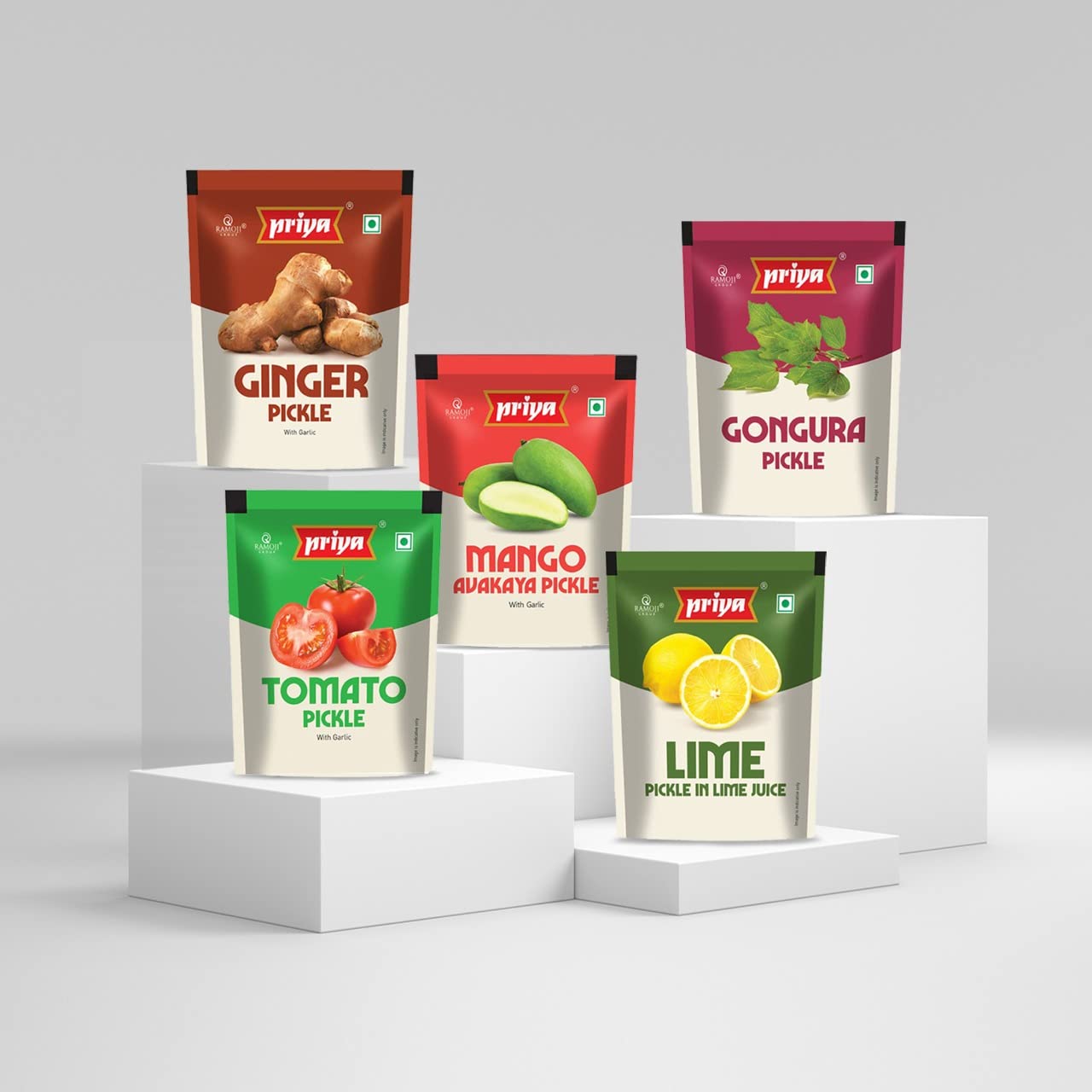 Priya Pickles Combo of 5 Pickle With Garlic 35g Pouch Total 700gm (Each Flavor Pack of 4) Mango,Ginger, Lime, Gongura, Tomato - (Pouch Pack of 20)