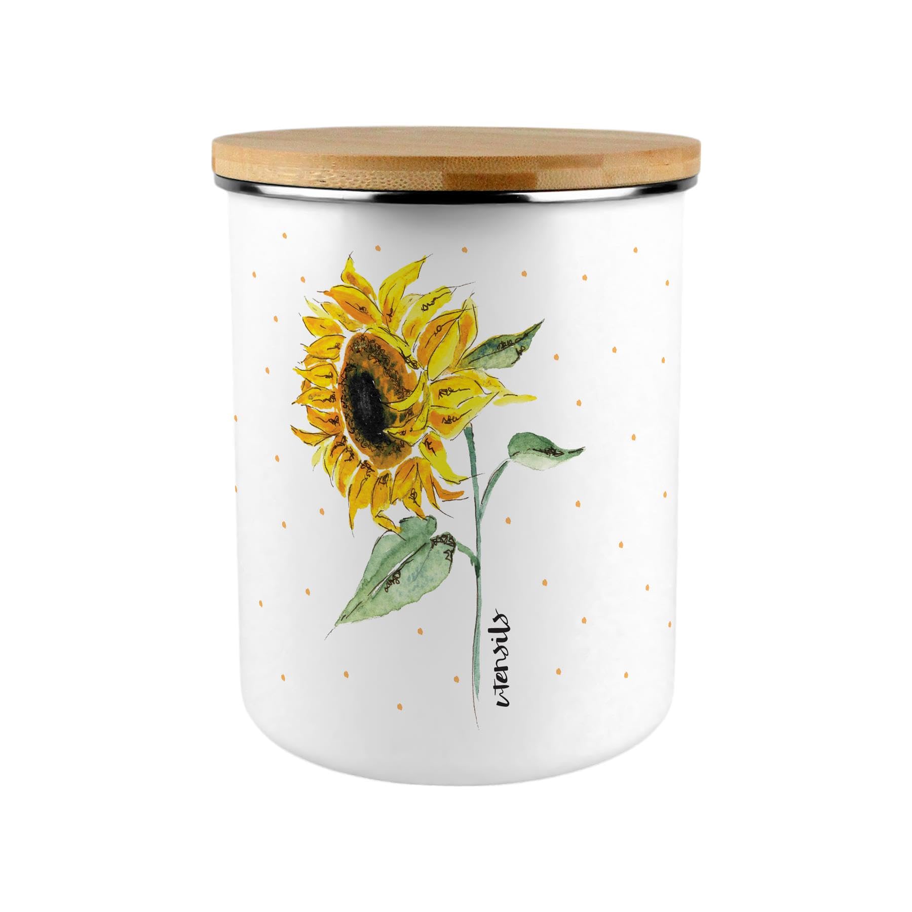 Sunflowers & Polka Dots Utensils Storage Canister - Rhiannon Chauncey Yellow Floral Large Enamel Container With Lid Kitchen/Home Gift