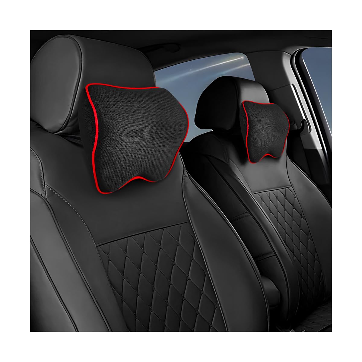 Photo 1 of FSTURIOS 2PCS Car Neck Pillow, Soft Memory Foam Car Seat Neck Support Pillow with Adjustable Strap, Ergonomic Design Removable Headrest Cushion for Neck Pain Fatigue Relief (Black&Red)