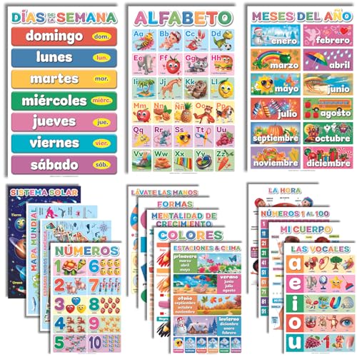 Image of DeeDee's Workshop 16 Spanish Classroom Posters - Spanish Learning for Kids, Abecedario para Niños en Español, Days of the Week & Calendar