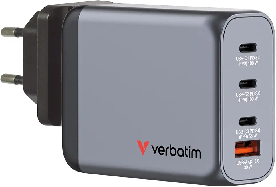 Verbatim GaN Charger 100 W, 4 Ports USB-C Ladegerät, Power Adapter mit 3 x USB-C und 1 x USB-A, Schnellladegerät als Mehrfachstecker, für Apple MacBook, Notebook, iPad, iPhone, Samsung und Co