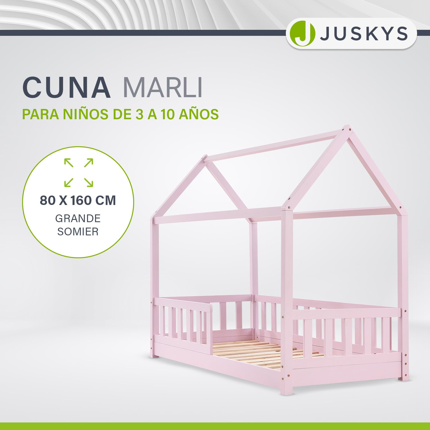 Juskys Cama Infantil Marli 80 x 160 cm con protección anticaída, somier y Techo - Cama casa de Madera Maciza para niños - Cama en Color Rosado