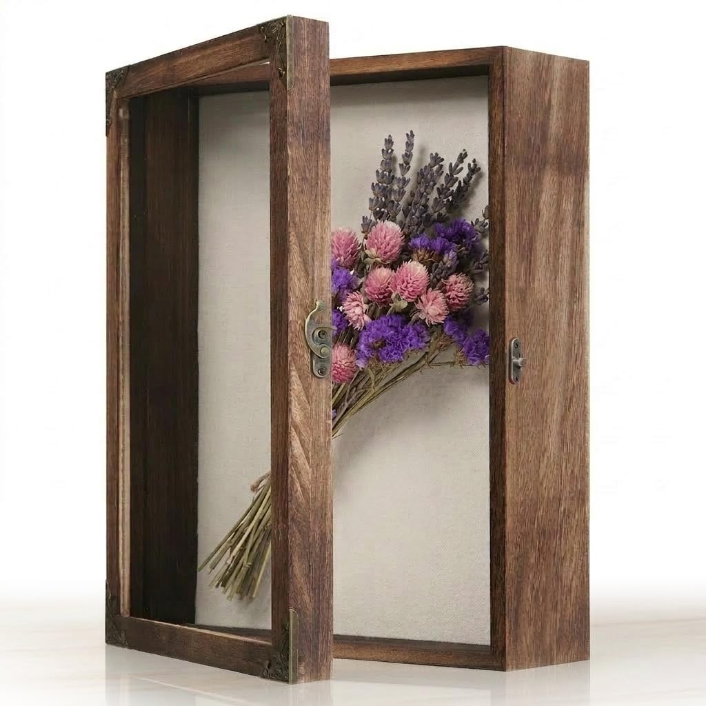 JINGJIAN Shadow Box Frame 11x14 with Retro Metal Accents and Lock, Solid Wood Acrylic Door Display Case with Linen Back, 10 Stick Pins, and 2.7-Inch