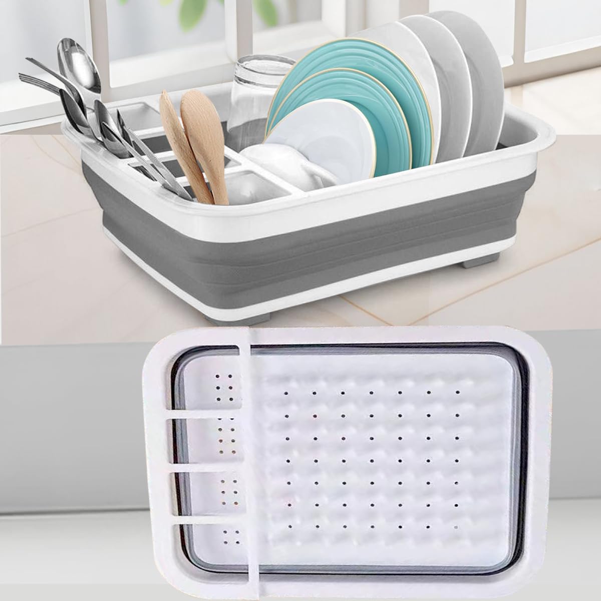 Escurreplatos plegable, escurridor de platos portátil, organizador de vajilla, estante plegable de almacenamiento de vajilla, estante de cubiertos para encimera de cocina, accesorios de caravana (gris