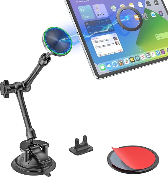 Magnetic Tablet Holder for Car - Strong Magnet, Metal Arm Dashboard Windshield iPad Suction Mount for Truck, Pickup, SUV, Van, Fit for 4-11 iPad Pro/Air/Mini, Galaxy Tabs, iPhone