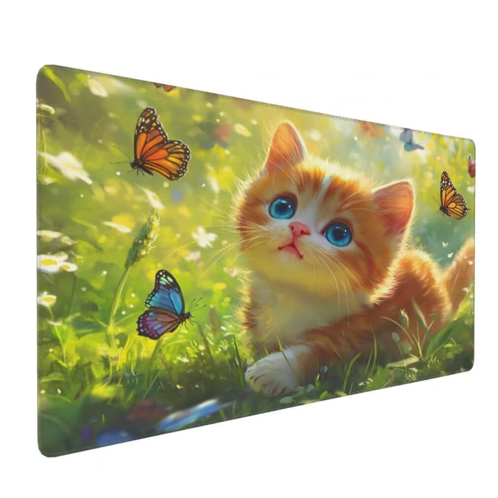 Tappetino Mouse XXL 1200x600mm Gattino Carino Grande Mouse Pad, Tappetino Scrivania con Bordi Cuciti, Grande Mousepad Gaming con Base Antiscivolo per Giocatori, Ufficio e Casa (Farfalla) -MP1536