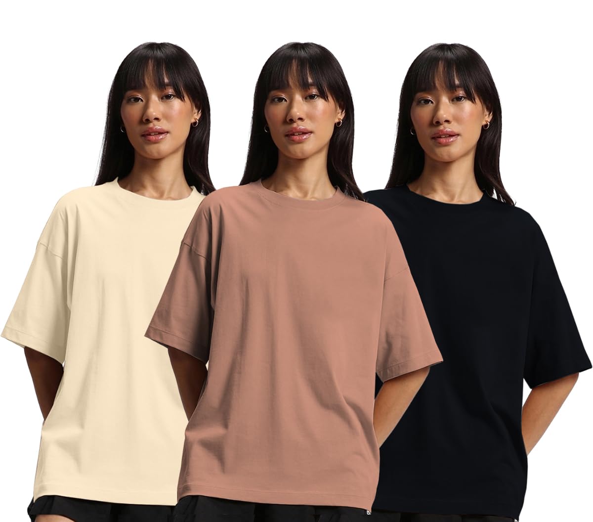 100% Pure Cotton Drop Shoulder Oversized Baggy Fit Half Sleeve Plain Solid Round Neck Multicolor T-Shirt Combo for Women & Girls (Pack of 3) (Sizes S-2XL)