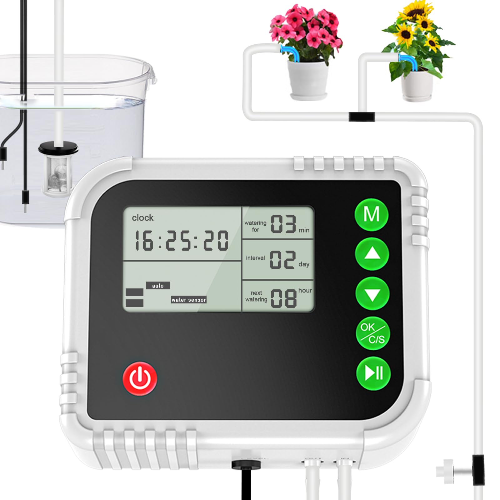 Lewisia Sistema di irrigazione a goccia automatico, kit di irrigazione automatica per interni con display LCD con timer per 15 piante in vaso, protezione da mancanza d'acqua, ricaricabile tramite USB