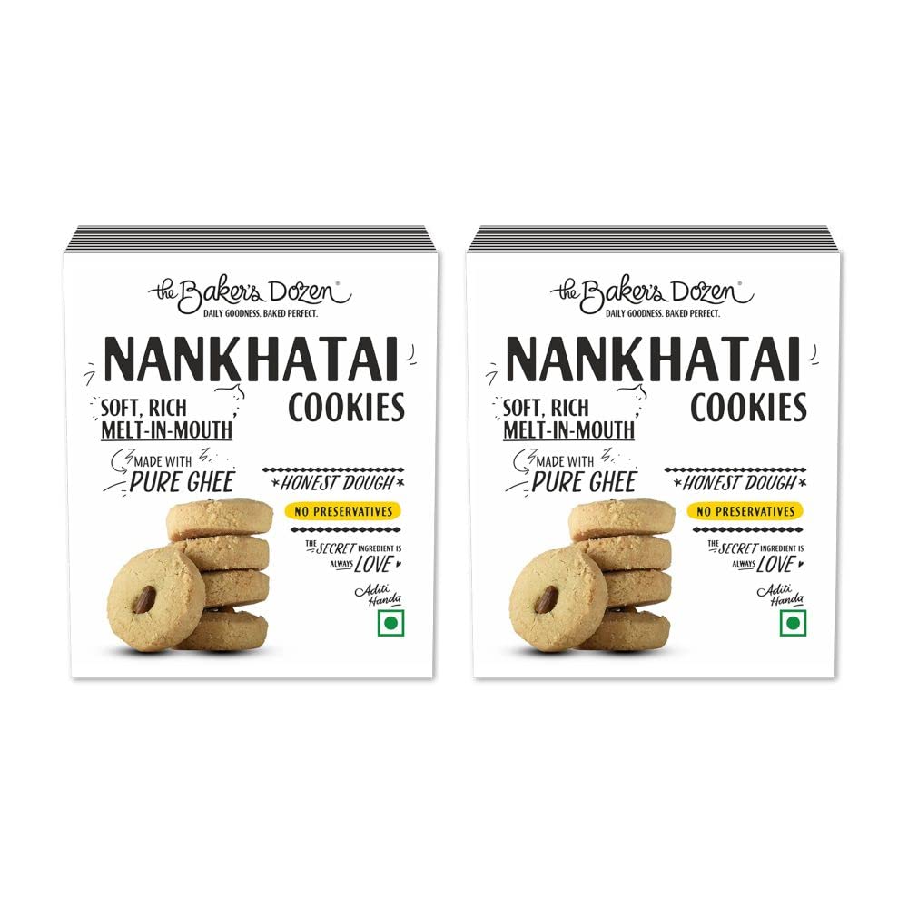 The Baker's Dozen Nankhatai Cookies | Indulge in the Flavours of Traditional Indian Shortbread | Made with Pure Ghee | Flavoured with Cardomom | Adorned with Pistachios | Nostalgic Childhood Treats | Pack of 2 x 105g