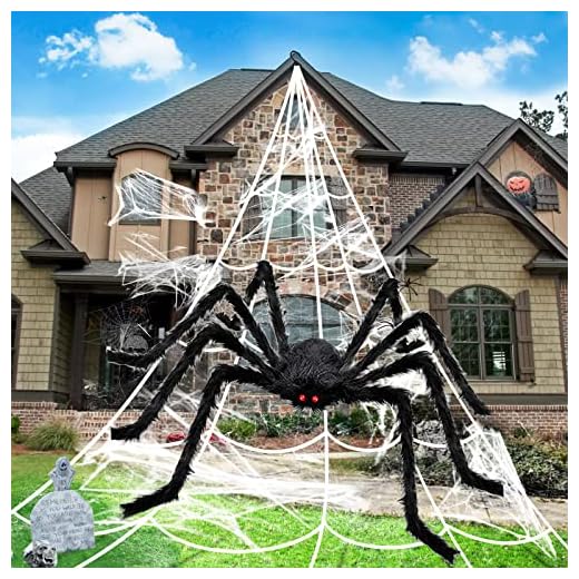 BOSONER Halloween Decorations Outdoor Spider Webs: 1Pcs Giant Spiders - 200'' Triangular Web with Hook - Stretch Web and Ground Stakes for Large Halloween Decor and Haunted House Decoration