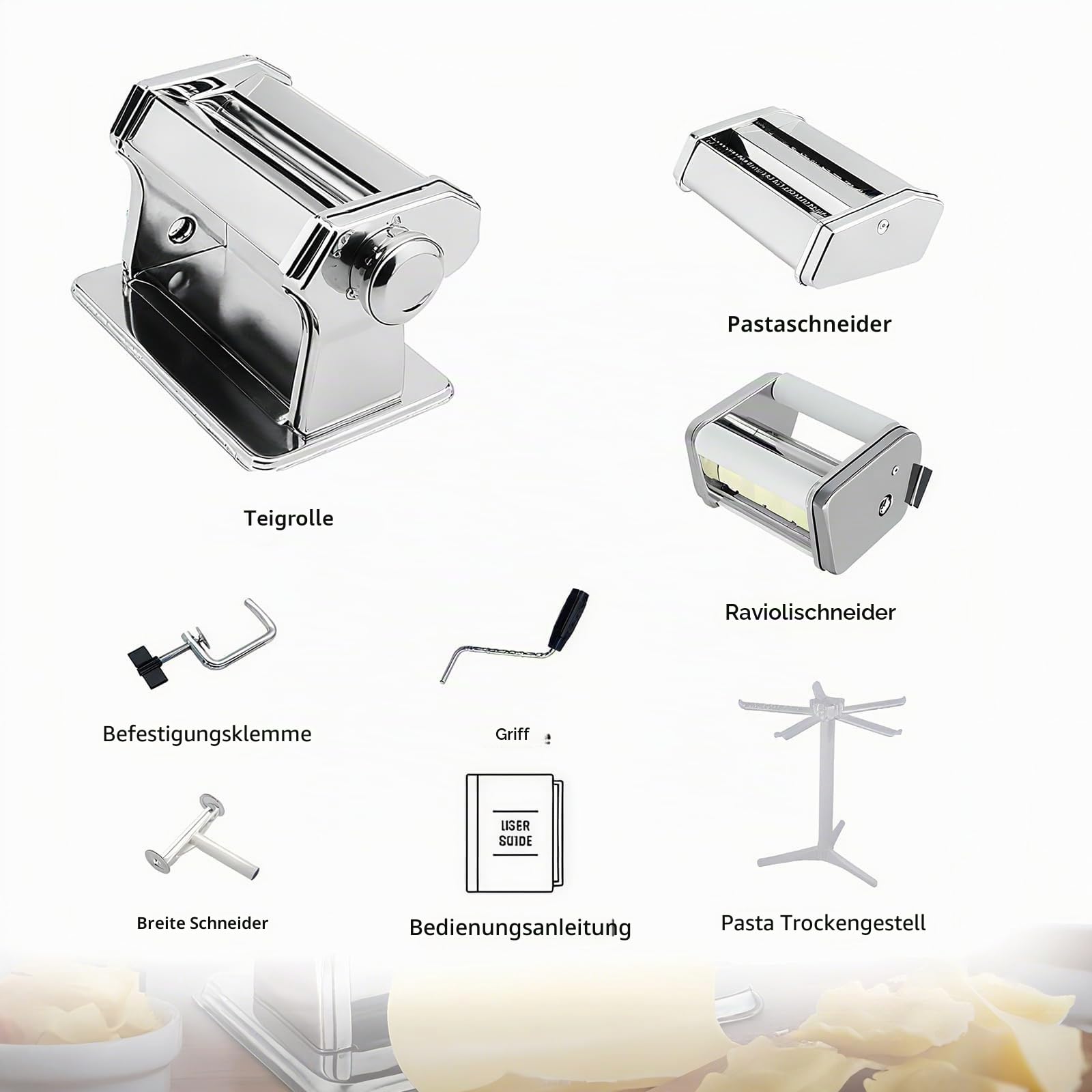 MZTOGR Pasta Maker machine, Set mit 6 Stück 150 mm Stahl Nudelmaschine mit 9 einstellbaren Dickeneinstellungen, inklusive Ravioli Maker Aufsatz, Nudeltrockner