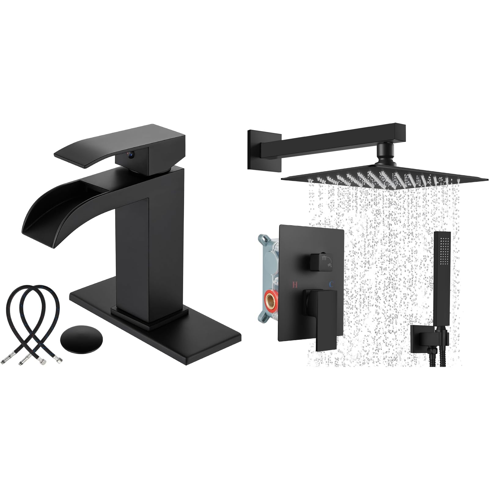 Grifos de baño monomando ranurados de cascada en negro mate con desagüe emergente y sistema de ducha de lluvia de montaje en pared de 10 pulgadas en negro mate. Juego de grifería de ducha de lluvia