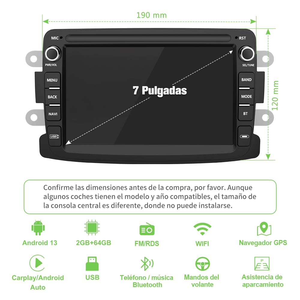 AWESAFE Android 13.0 [2GB+64GB] Radio Coche con Pantalla Táctil 7 Pulgadas para Renault Dacia, Autoradio para Renault Dacia Sandero/Duster/Logan/Captur/Lodgy/Dokker, etc, Admite Carplay y Android Auto
