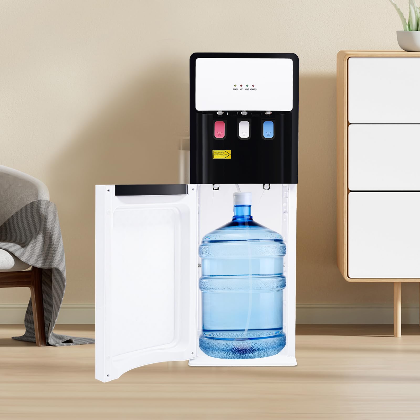 Dispensador de agua recargable de suelo, blanco, 500 W de agua caliente y agua fría de 90 W, protección contra sobrecalentamiento, práctico para uso doméstico y de oficina
