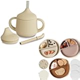 Silicone Baby Sippy Cups & Suction Plates Set | 4 oz 3-Stage Training Cup + 3 Pack Divided Baby Plates with Lids | BPA-Free, Microwave & Dishwasher Safe | Ideal for Infants & Toddlers