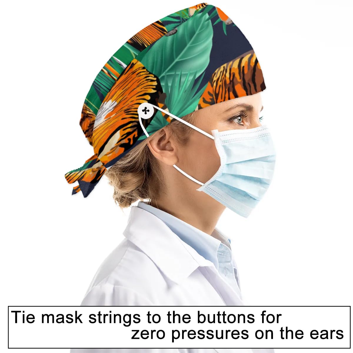 Mularoka Watercolor Tiger Palm Working Caps with Button Sweatband Comfortable Adjustable Bouffant Hats Work Hat for Women Men