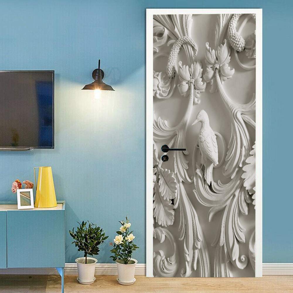 Sticker de porte trompe l'oeil oiseau fleur en relief 88x200cm pour déco intérieure
