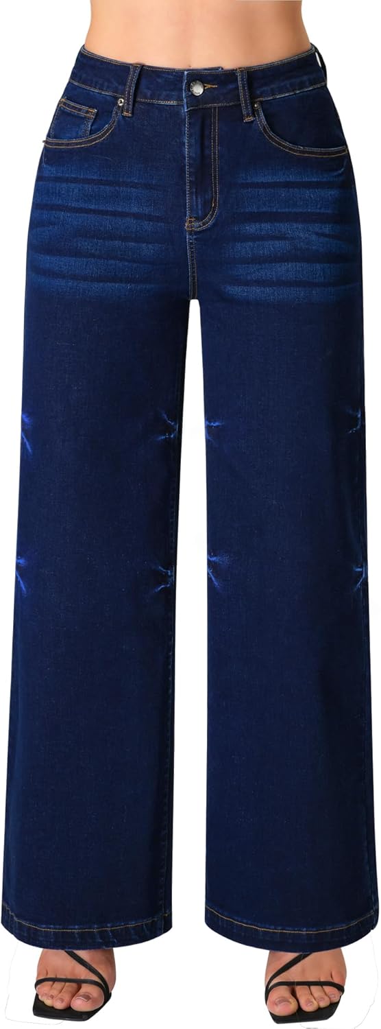 roswear Women's Wide Leg Jeans High Waisted Stretchy Denim Trouser Pants
