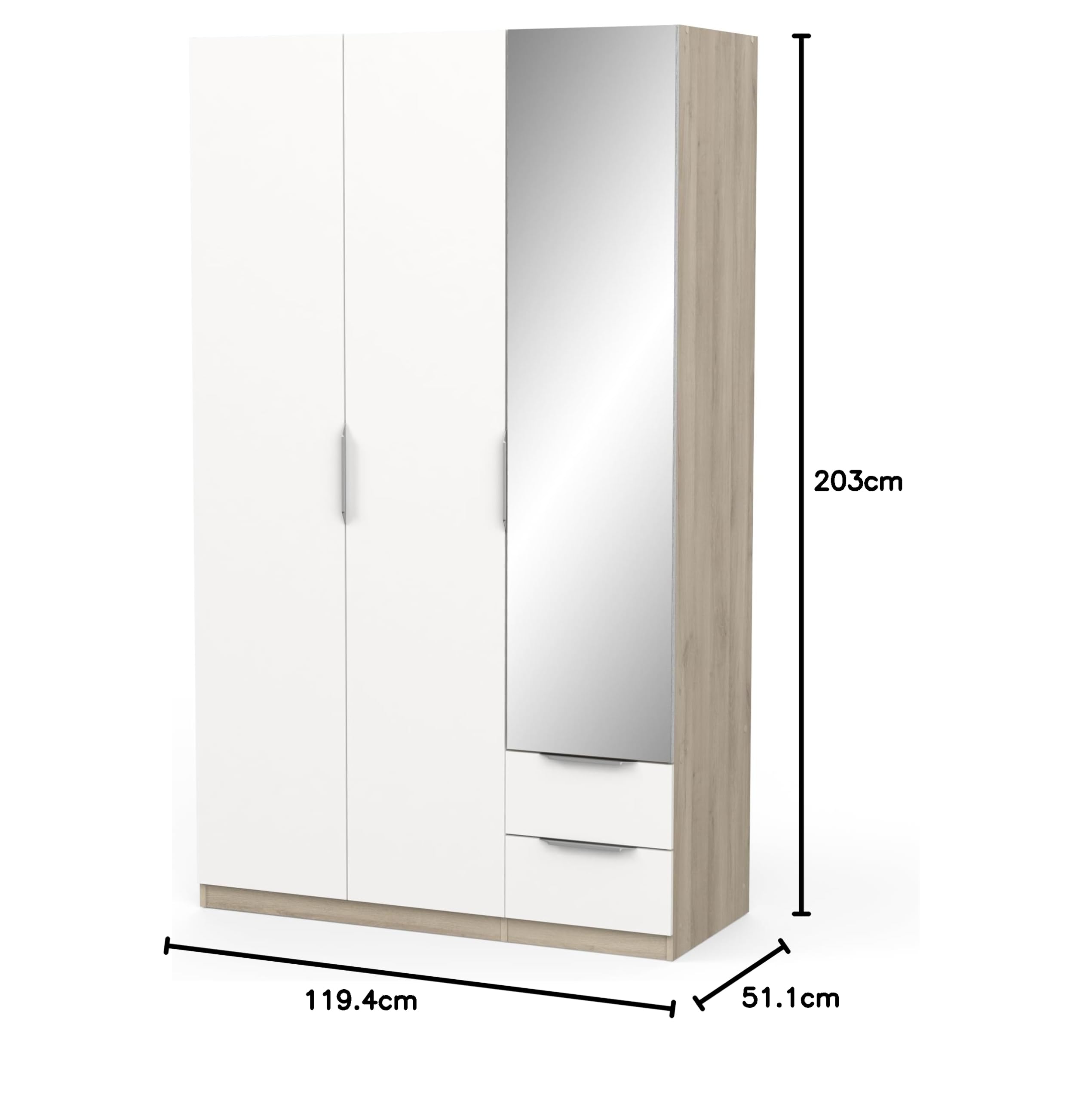 Armoire GHOST - Décor chene kronberg et blanc mat - 3 Portes + 2 Tiroirs + 1 miroir - L.119,4 x P.51,1 x H.203 cm - DEMEYERE