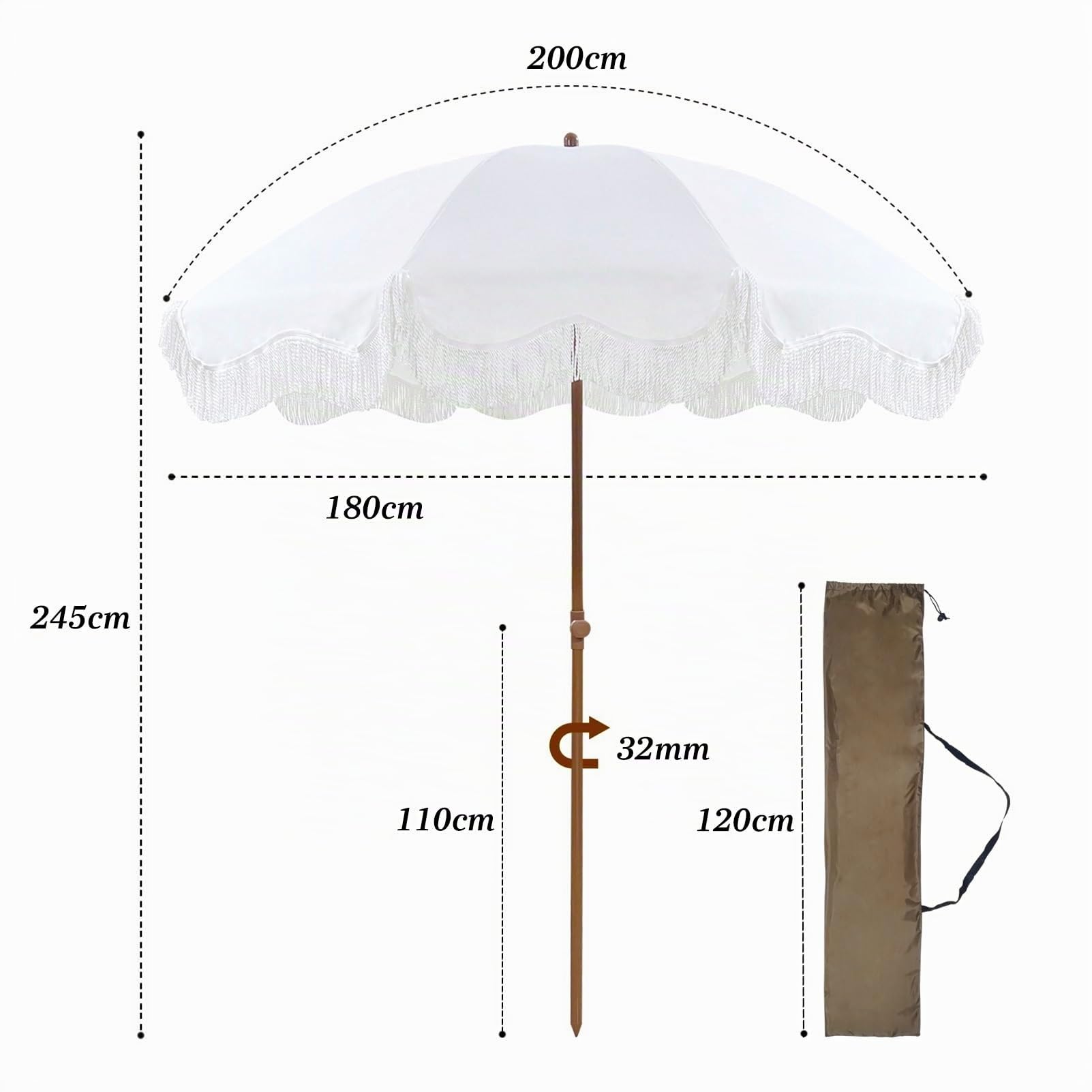 Blanco Sombrilla Playa 200 Cm Parasol Jardín Exterior Grande con Flecos Sombrillas Terraza Protección UV50+ Sombrilla Jardín Inclinable Portátil Boho Beach Umbrella For Sand Impermeable