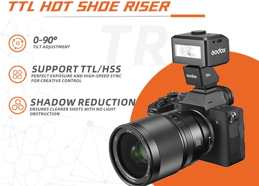 Godox TR-F Hot Shoe Riser features: 0-90 degree tilt, TTL/HSS support, and shadow reduction