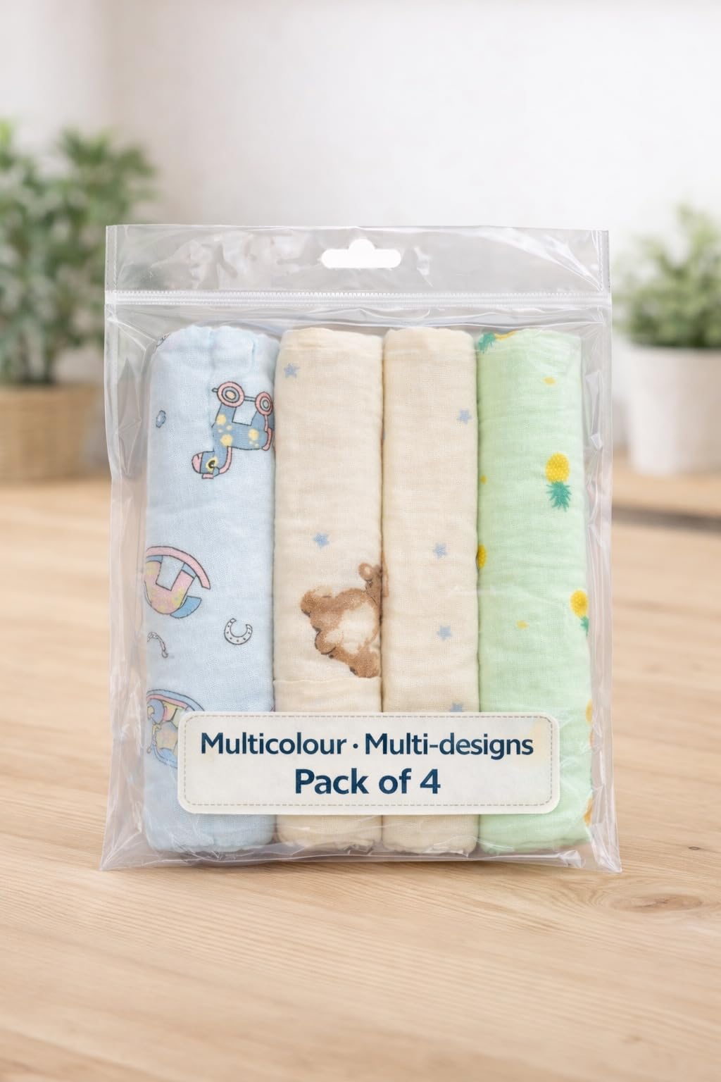 KIDS BASIC Soft Cotton Muslin Hankies for Babies Multicolour & Prints Daily Use Face Cloth - (Pack of 4)-image-49