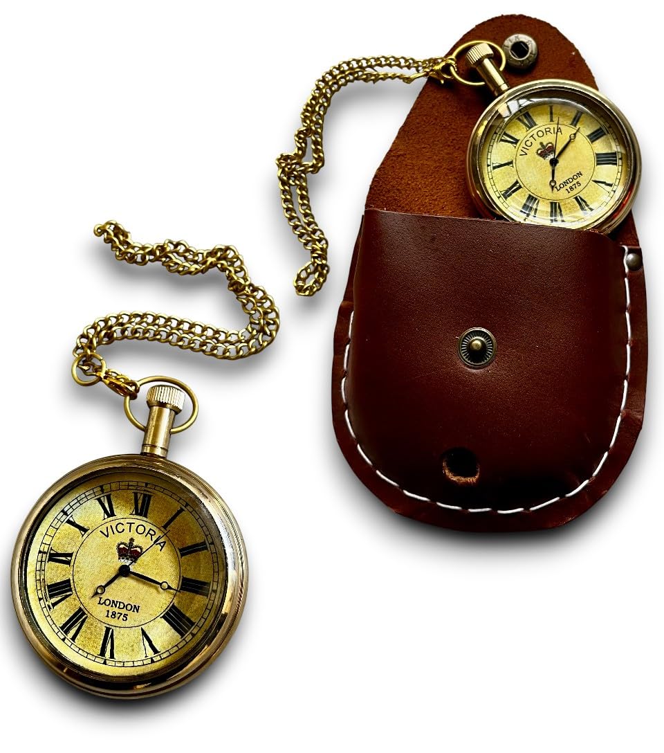 Brass Pocket Watch Chain with Leather case Collectible Gift-image-2