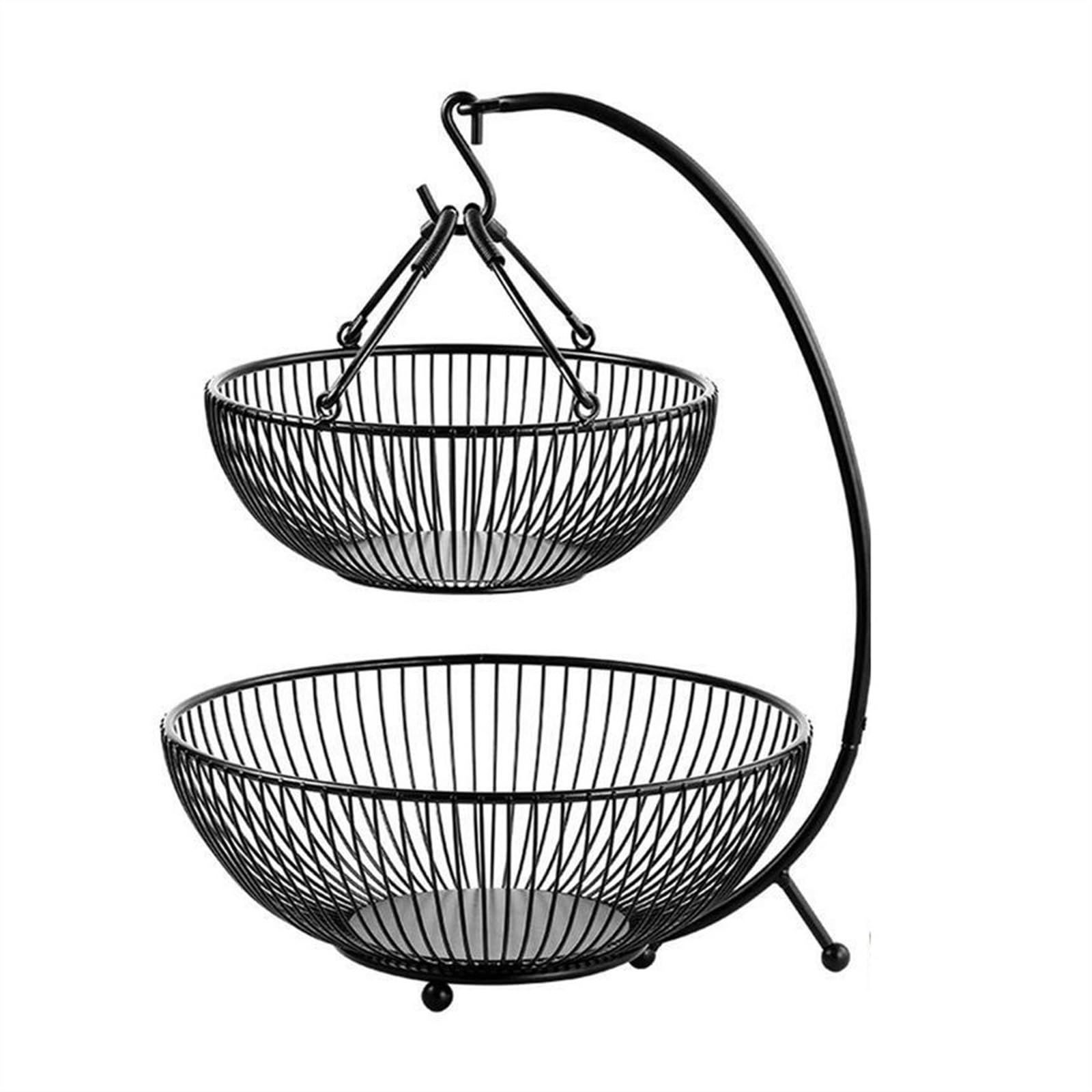 Fzl02068lm One Color Fruit Bowl Kitchen Fruit Basket Stand Countertop Vegetable With Banana Hanger Metal 2-Tiered With Detachable Handle Versatile