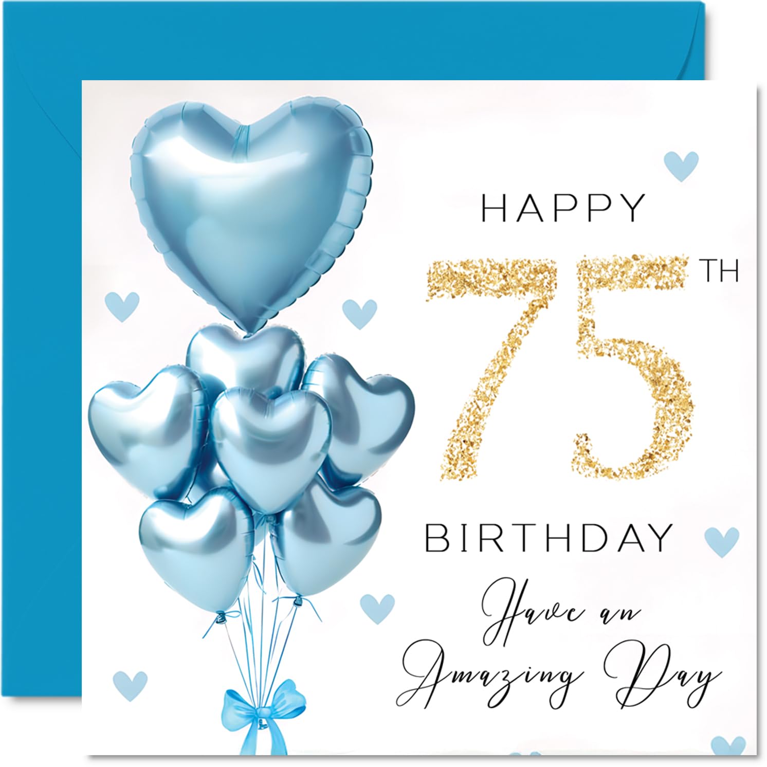 75th Birthday Cards for Men, Blue Glitter Balloons