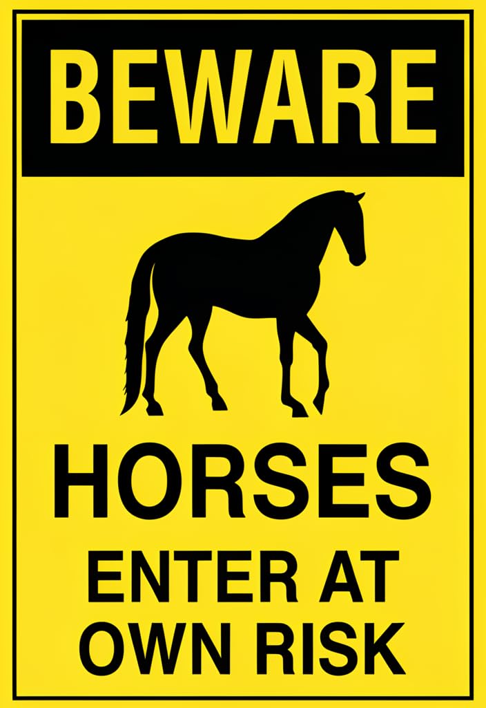 peiyeety Beware Horses Enter at Own Risk Tin Sign 12x8 Inch, Yellow & Black Metal Warning Plaque for Barn Stable Ranch Gate, Rustic Farm Decor, Horse Lover Gift