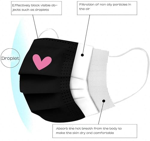 Miniatura 4 de 50 máscaras faciales desechables negras, con diseño impreso de corazón rosa lindo para mujeres adultas, de 3 capas (#05)