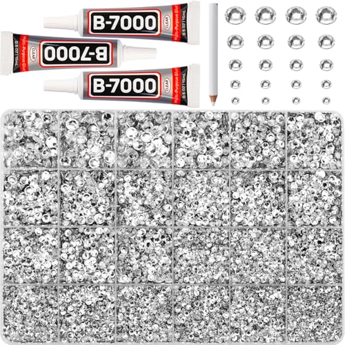 32000Pcs Silver Clear Rhinestones for Bedazzling Assorted Size 2-6mm Flatback Crystal Bedazzle Kit with B7000 Glue Flat Back Resin Gem Diamond Jewel Rhine Stone Gemstone for Crafts Clothing