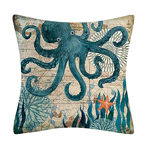 Vgzsyomqib Seaside Theme Cushion Covers Soft 18x18 Inches (45x45 cm) Ocean Sea Life Pillow Cases (No Insert) Decorative Square Sofa Throw Pillow Cover Home Garden Outdoor Set of 4 Beige Blue