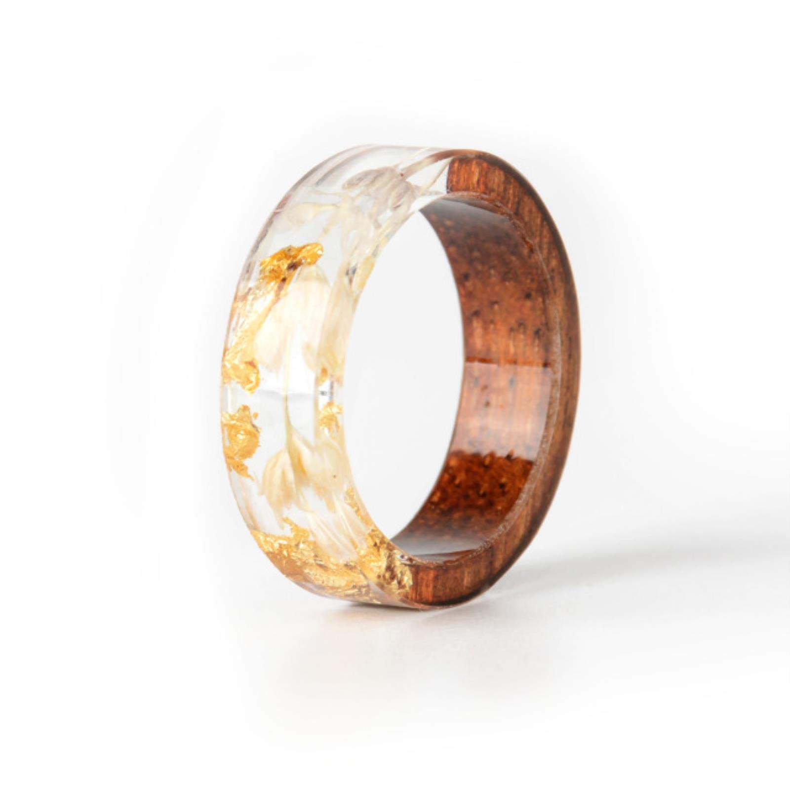 AQUALITYS Handmade Wood Resin Ring Dried Flowers Plants Inside Jewelry Resin Ring Transparent Anniversary Ring for Women