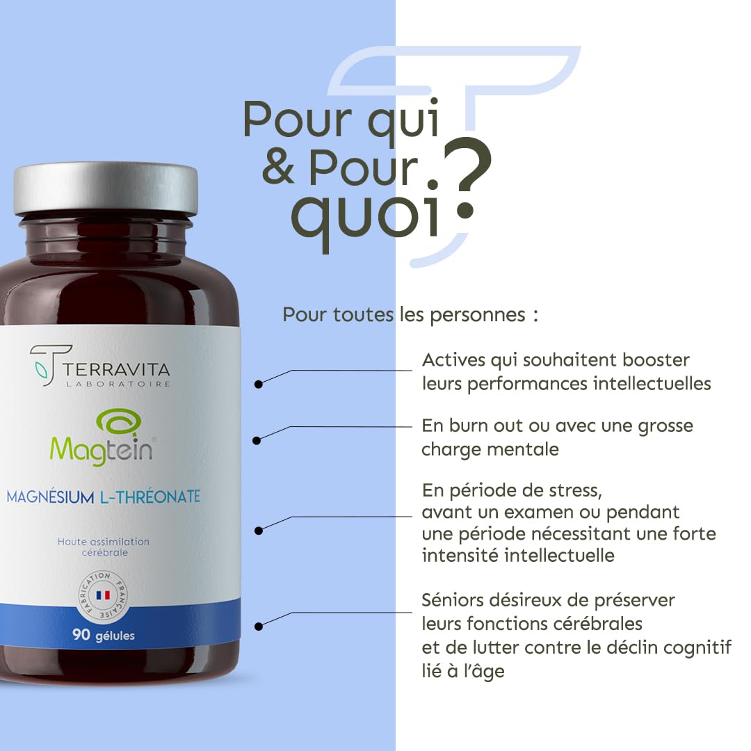 Magnésium L-Thréonate Magtein® | 2000 mg par Dose | Capacités Cognitives : Apprentissage, Mémoire et Concentration | Assimilation Cérébrale Inégalée | 90 Gélules Vegan | Made in France | Terravita