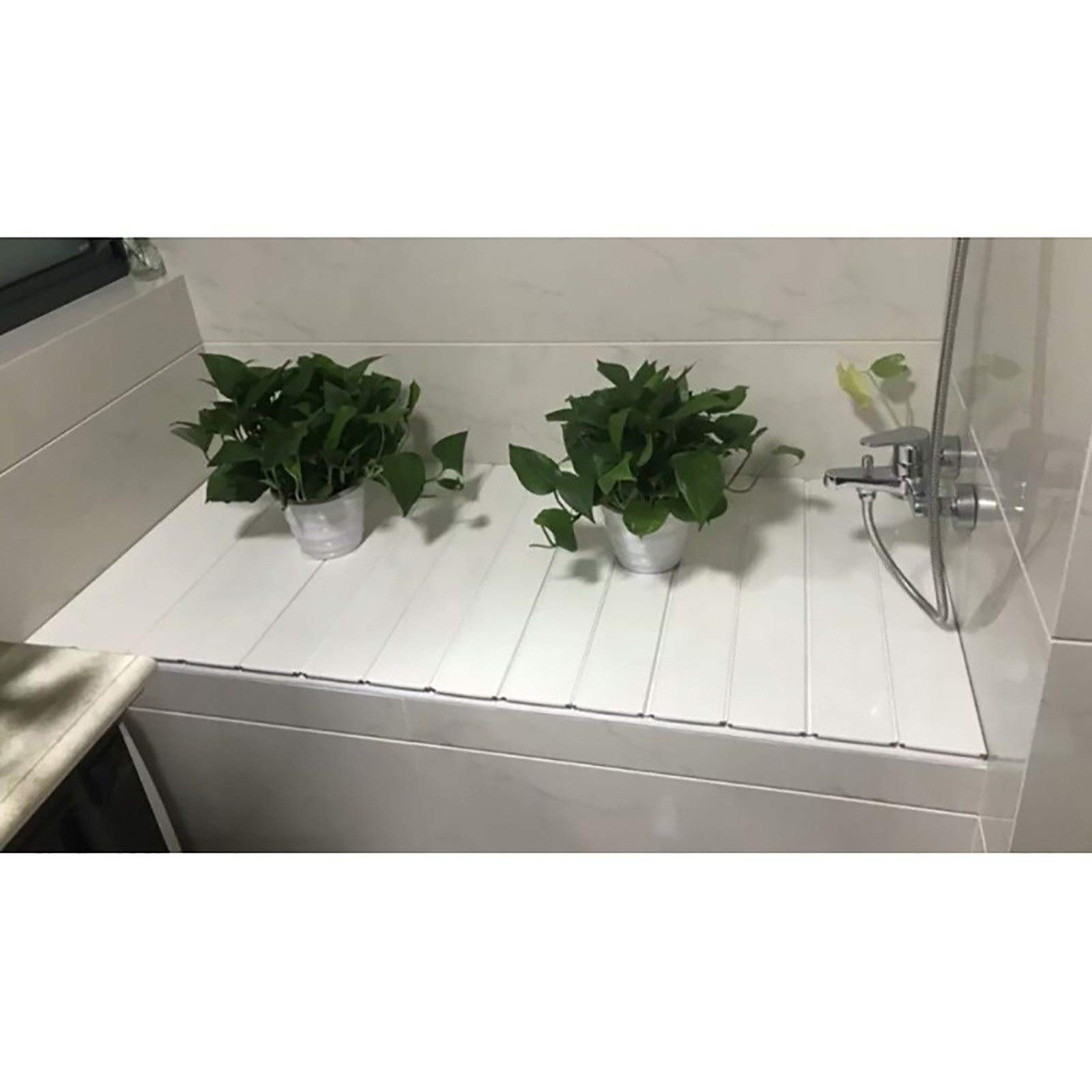 Bandeja de bambú para bañera con tapa plegable, cubierta de aislamiento antipolvo y diseño de obturador, PVC blanco, tamaño 142 x 80 x 0,6 cm