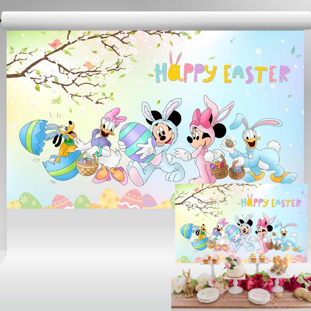 Mickey and Friends Spring Easter Photo Backdrop Pastel Floral Background Minnie Daisy Easter Egg Party Supplies 5x3 ft 167