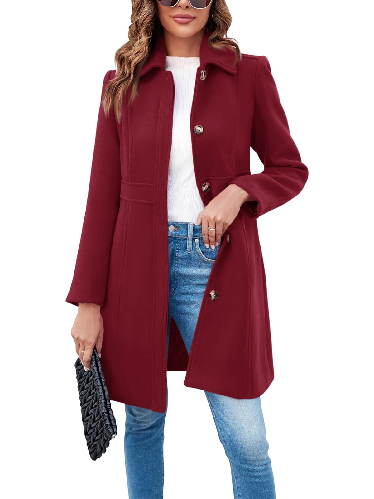 Fisoew Womens Elegant Single Breasted Coat Long Sleeve Mid Winter Overcoat Work Office Pea Coats