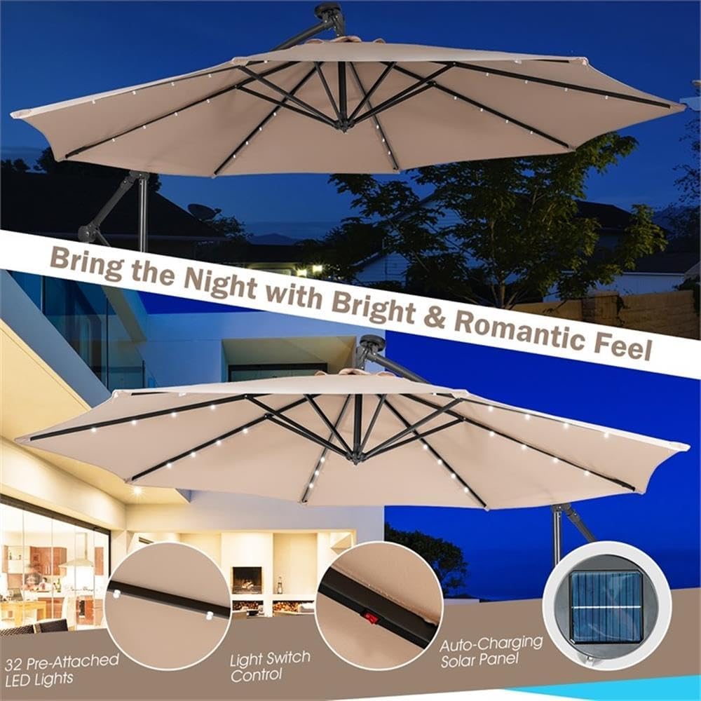 Pemberly Row Solar Powered Patio Offset Umbrella, 10FT Canopy, Polyester Fabric, Beige, 32LED Lights, Adjustable Tilt Mechanism, Sturdy Steel Frame for Outdoor Patio or Garden Shade