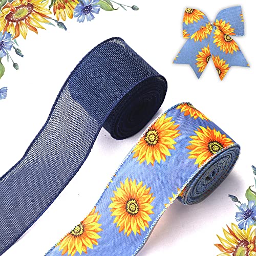 2 Rolls Fall Sunflowers Ribbons for Wreath Bows, 2.5"×10 Yard Wired Edge Ribbon Blue Flowers Burlap Ribbons for Gift Wrapping Thanksgiving Day Decoration Supplies