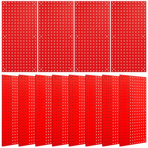 Daanxw 12 Pack 12-Inch X 24-Inch Metal Pegboard Wall Panels, Peg Boards for Garage Tool Storage (Red)